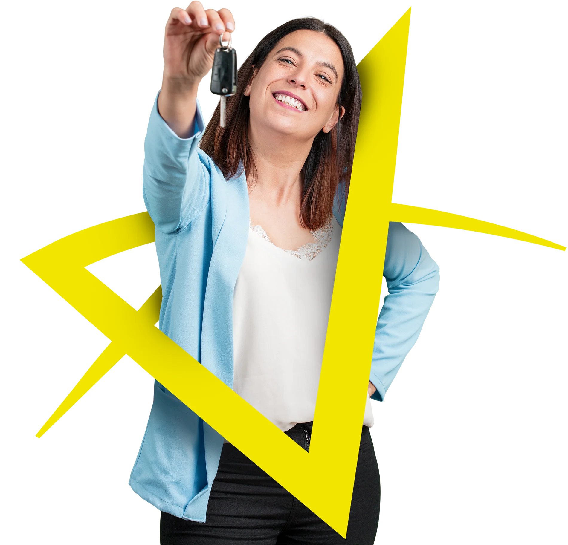 Mulher sorridente segurando a chave de um carro novo, representando conquistas fáceis e acesso a veículos com condições diferenciadas e sem complicações.